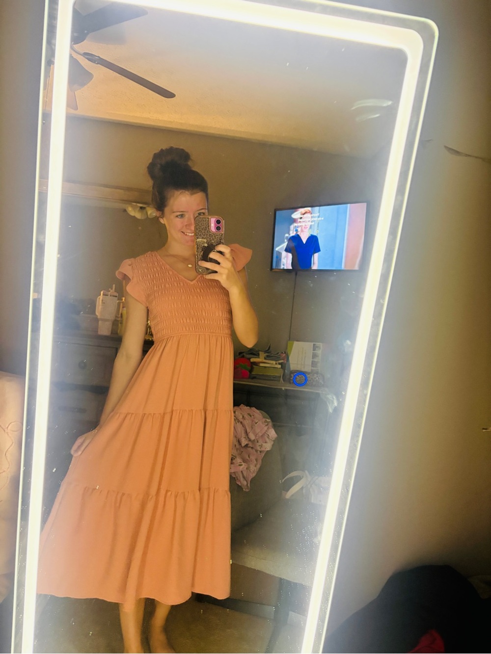 Blu Pepper Peach Tiered Smocked Maxi Dress